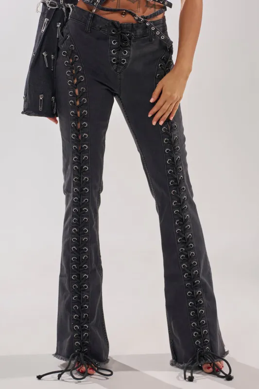 HOTTY LACE UP FLARE DENIM sold by AKIRA
