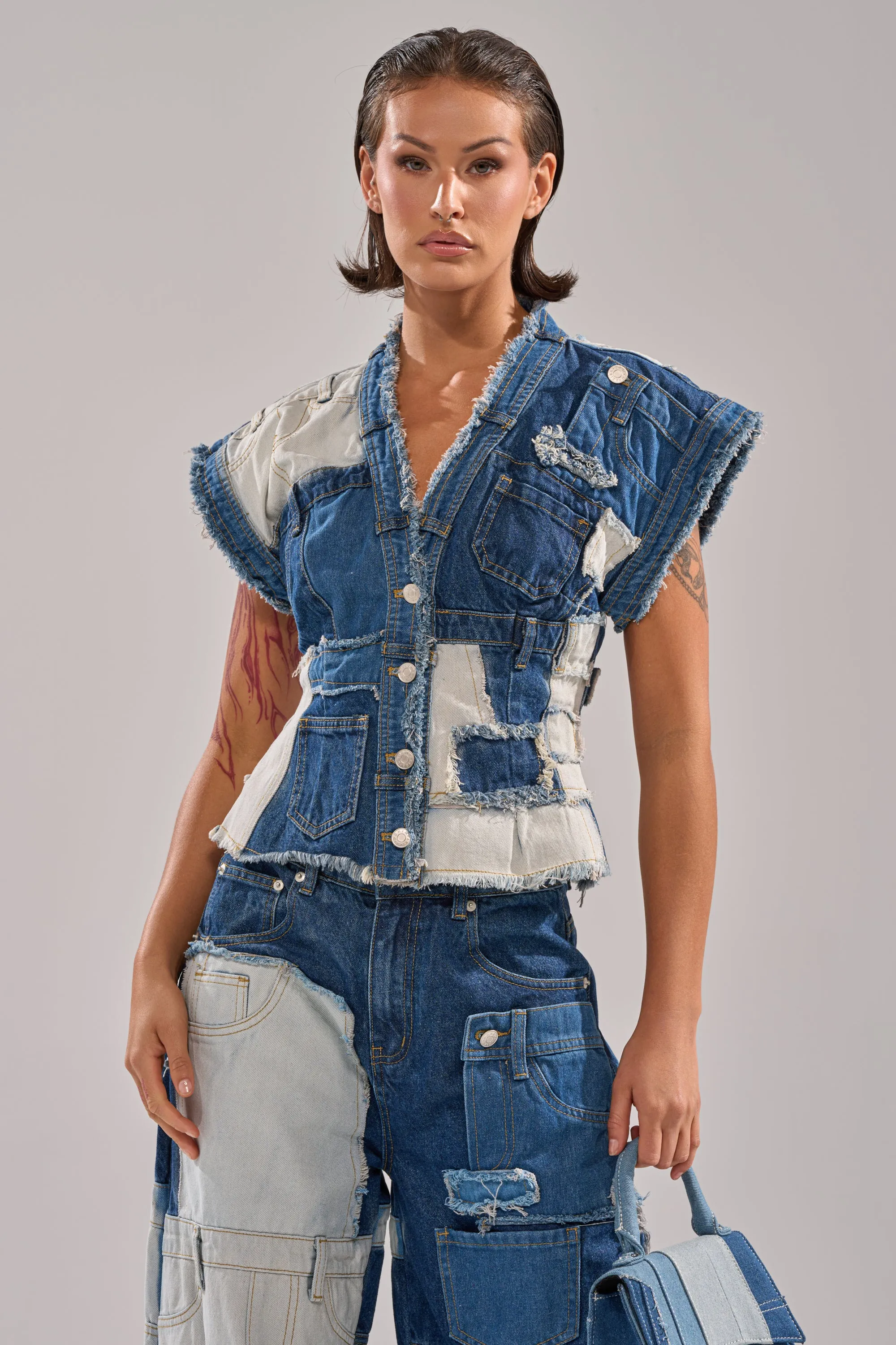 TOO MUCH GOING ON DENIM BUTTON DOWN sold by AKIRA