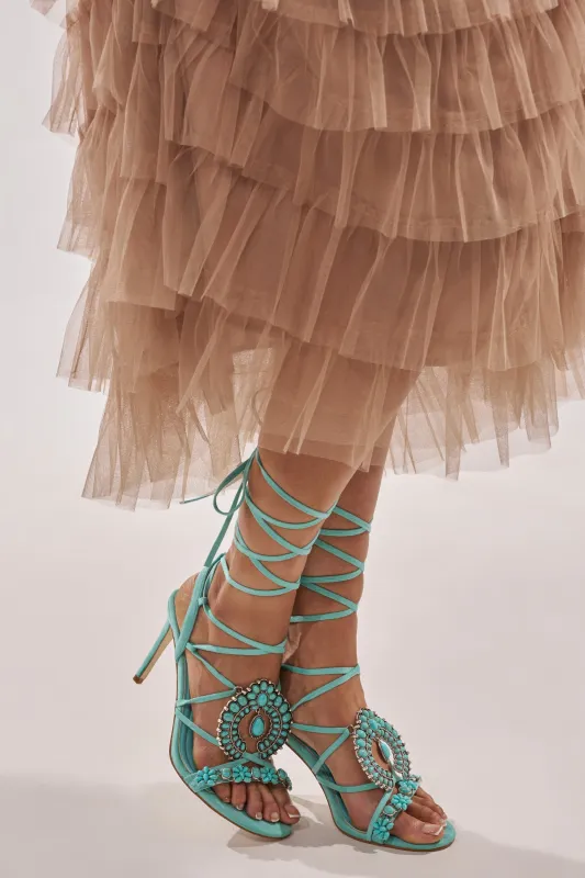 AKIRA GOLD CLIPSE AQUA HARDWARE EMBELLISHED STILETTO SANDAL sold by AKIRA