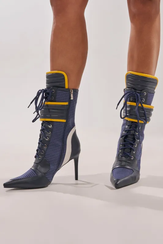AKIRA GOLD DEMAND NAVY STILETTO BOOTIE made by AKIRA