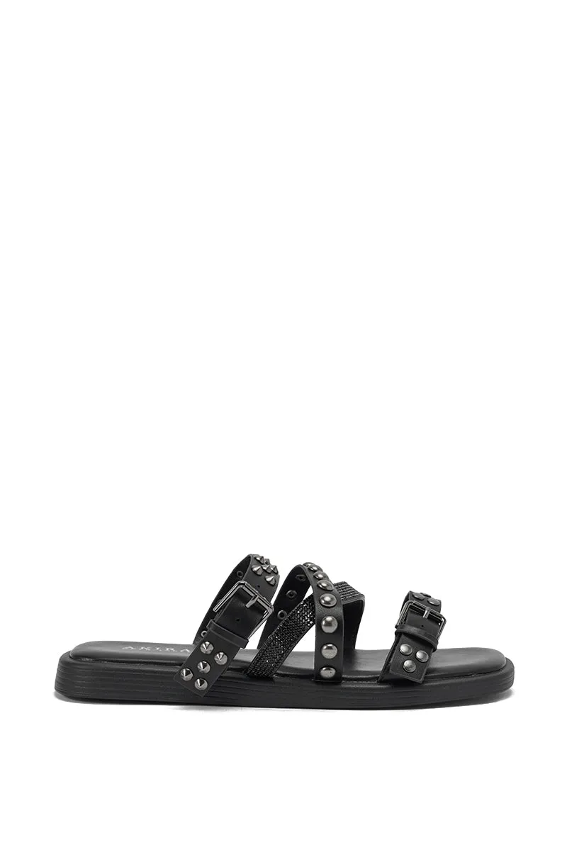 AKIRA GOLD MANNING BLACK HARDWARE EMBELLISHED FLAT SANDAL sold by AKIRA product image thumbnail 4