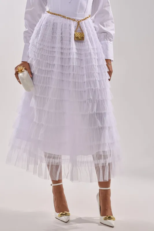 STARS ALIGNED MESH RUFFLE MAXI SKIRT IN WHITE sold by AKIRA