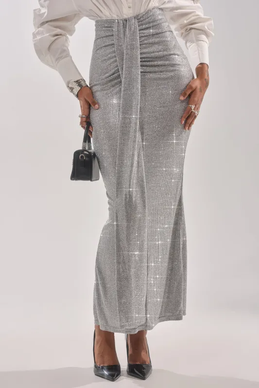 BRIGHT LIGHTS RHINESTONE MAXI SKIRT IN SILVER made by AKIRA