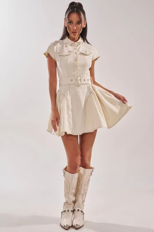 SADIE BUTTON UP DENIM MINI DRESS IN WHITE sold by AKIRA