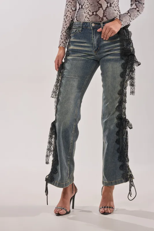 ELIJAH FLARE LACE DENIM made by AKIRA