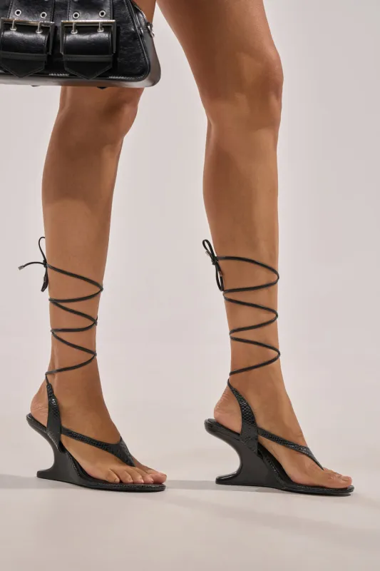 AZALEA WANG TAMSIN BLACK CROC NOVELTY WEDGE STRAP SANDAL made by AKIRA