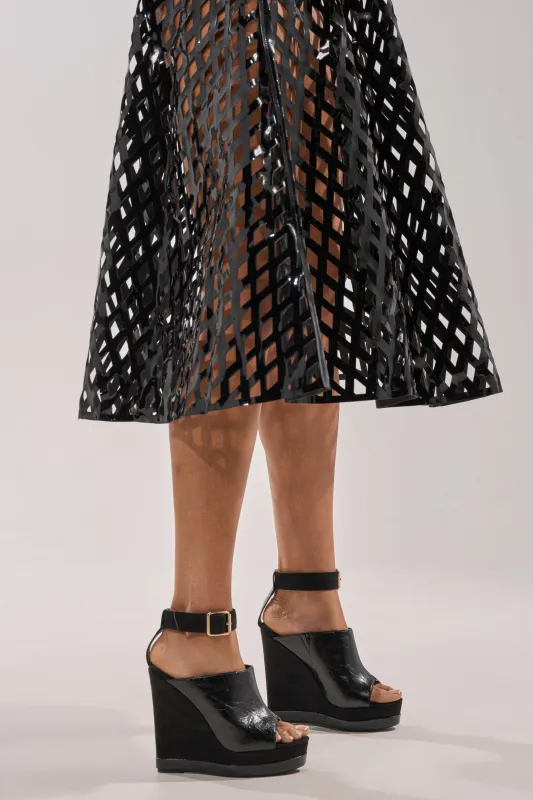 AZALEA WANG TANA BLACK MIXED MATERIAL WEDGE sold by AKIRA