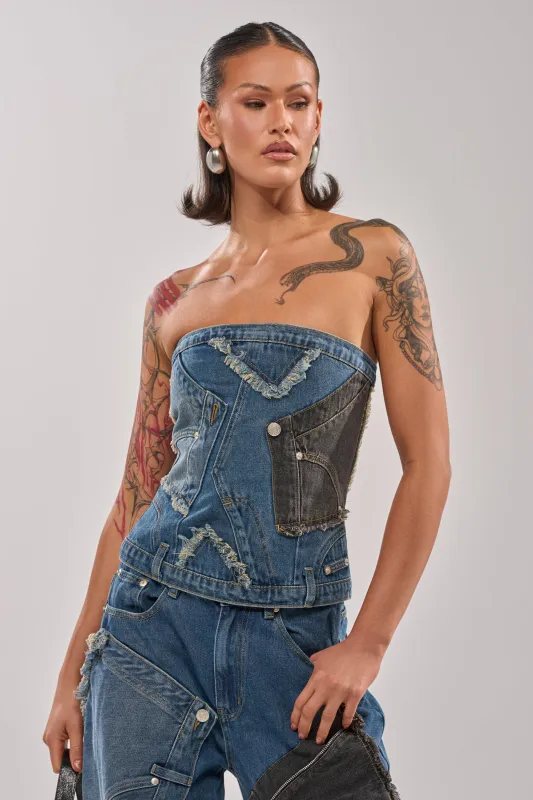 MIXED MATCH DENIM CORSET sold by AKIRA