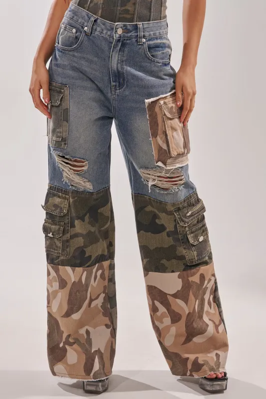 MIXED CAMO DENIM CARGO PANTS sold by AKIRA