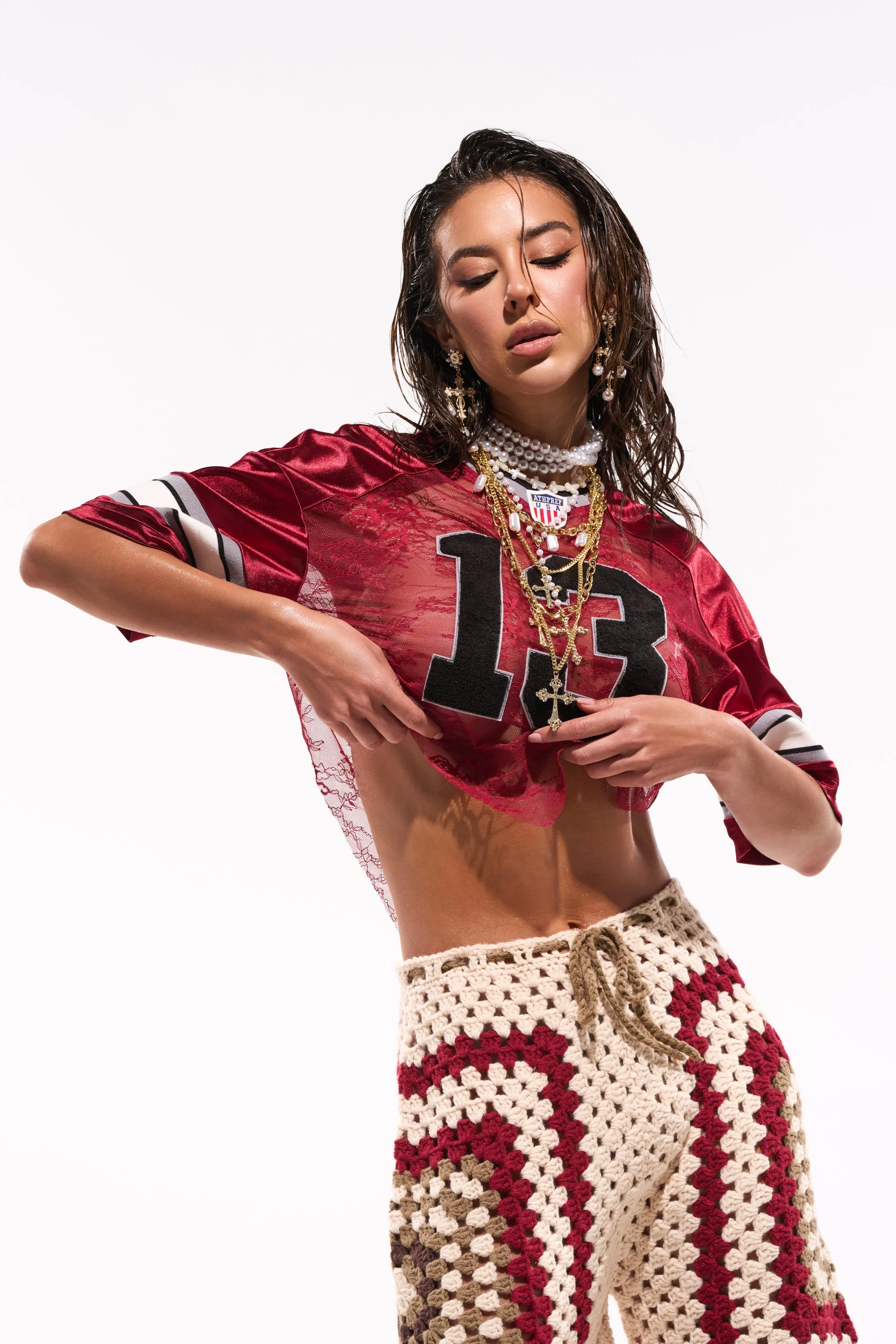 LUCKY LACE JERSEY TOP IN BURGUNDY sold by AKIRA