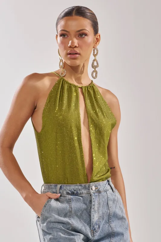 SHINING DOWN ON YOU RHINESTONE BODYSUIT IN GREEN sold by AKIRA