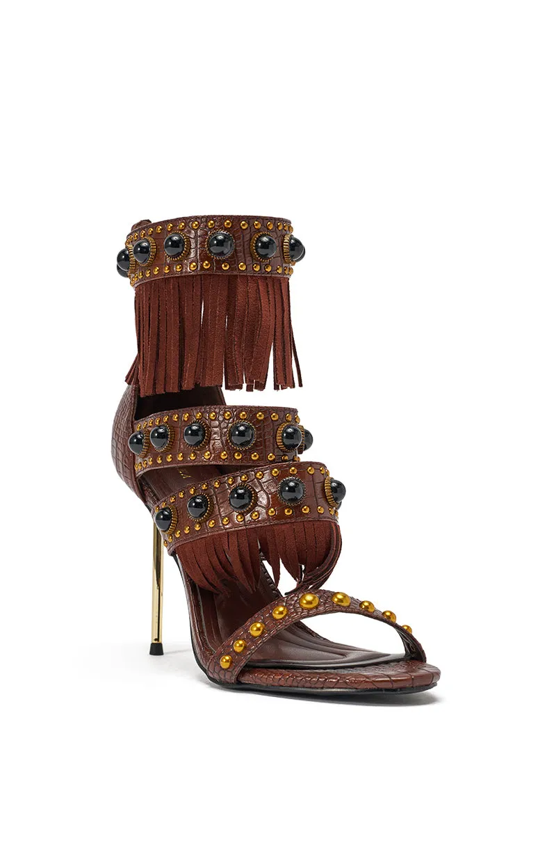 AZALEA WANG ANTOINE BROWN FRINGE AND GOLD EMBELLISHED STILETTO HEEL sold by AKIRA product image thumbnail 5