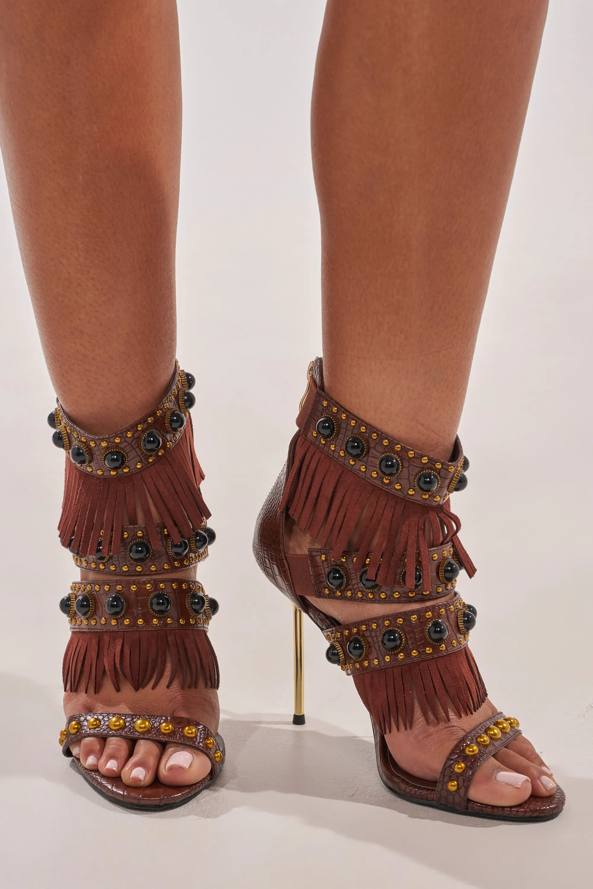 AZALEA WANG ANTOINE BROWN FRINGE AND GOLD EMBELLISHED STILETTO HEEL sold by AKIRA