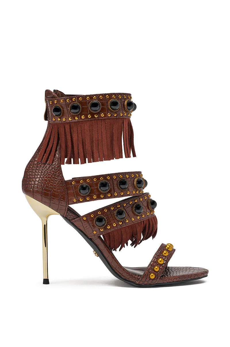 AZALEA WANG ANTOINE BROWN FRINGE AND GOLD EMBELLISHED STILETTO HEEL sold by AKIRA product image thumbnail 4