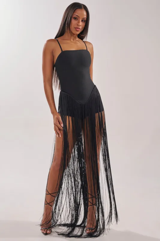 TRY ME STRAPLESS FRINGE MAXI DRESS sold by AKIRA