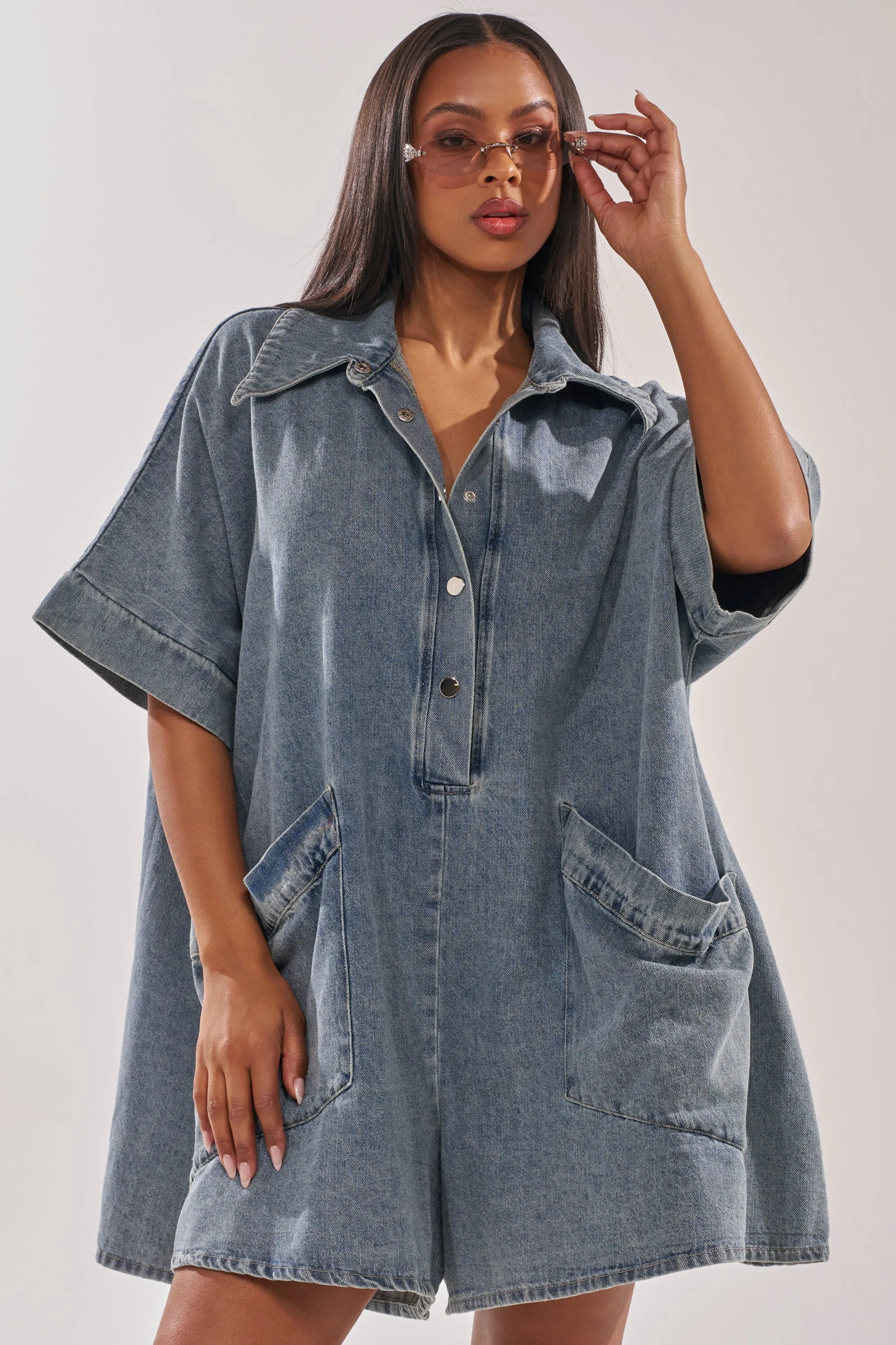 MELODY COLLARED DENIM ROMPER sold by AKIRA product image thumbnail 2
