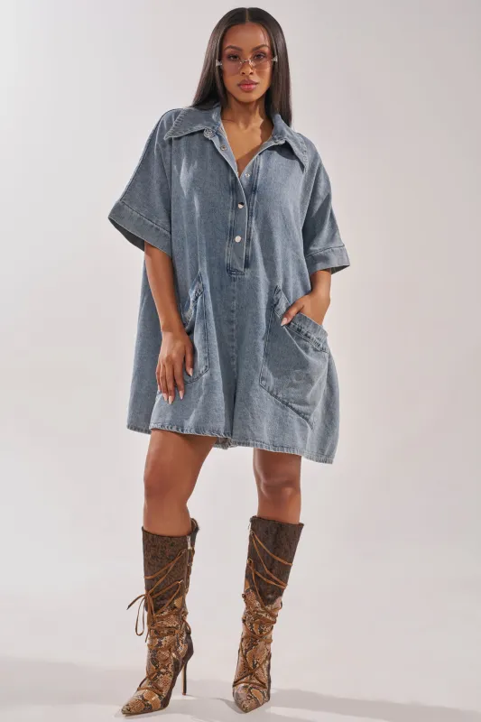 MELODY COLLARED DENIM ROMPER sold by AKIRA