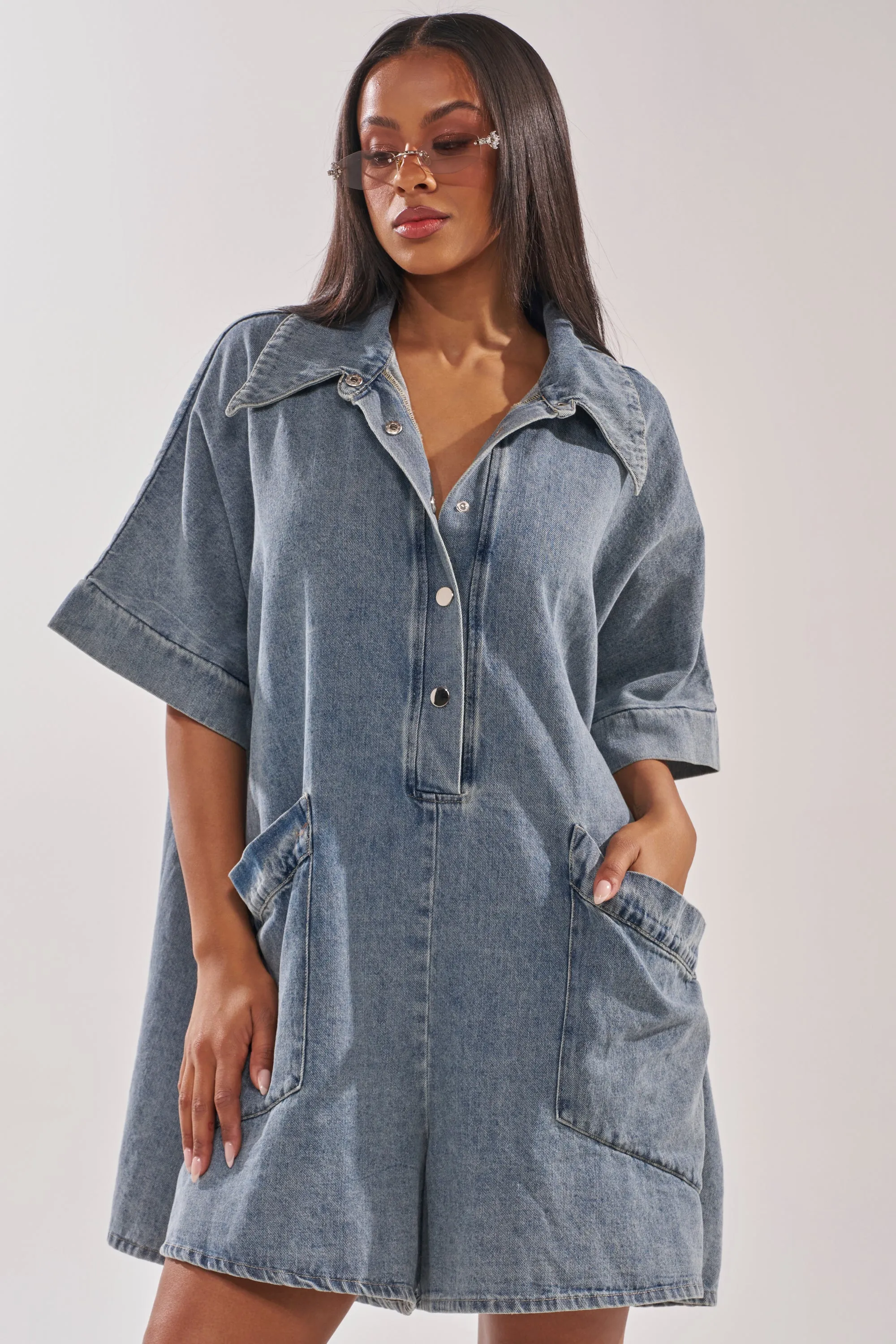 MELODY COLLARED DENIM ROMPER sold by AKIRA product image thumbnail 4