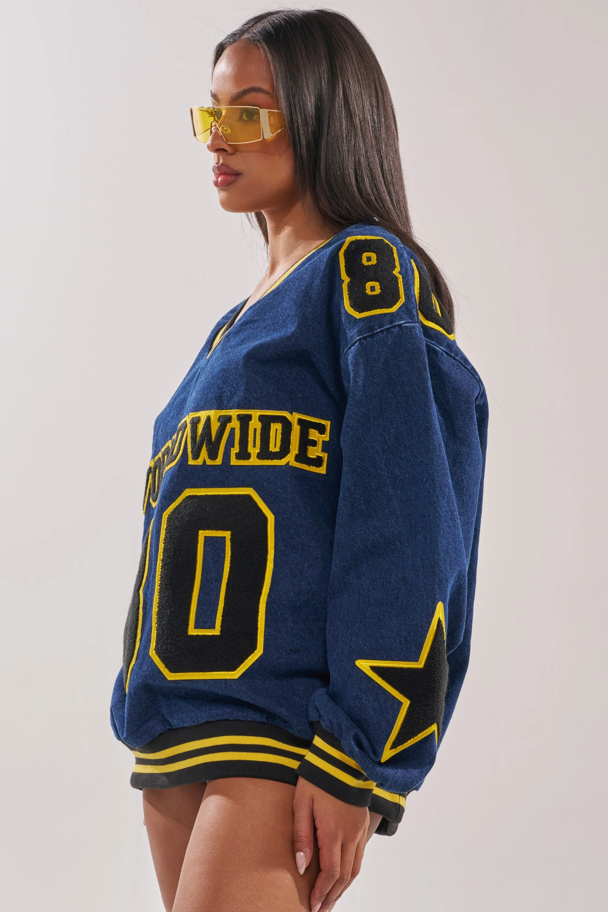 ALL AROUND THE WORLD DENIM SWEATSHIRT IN DARK BLUE sold by AKIRA product image thumbnail 4