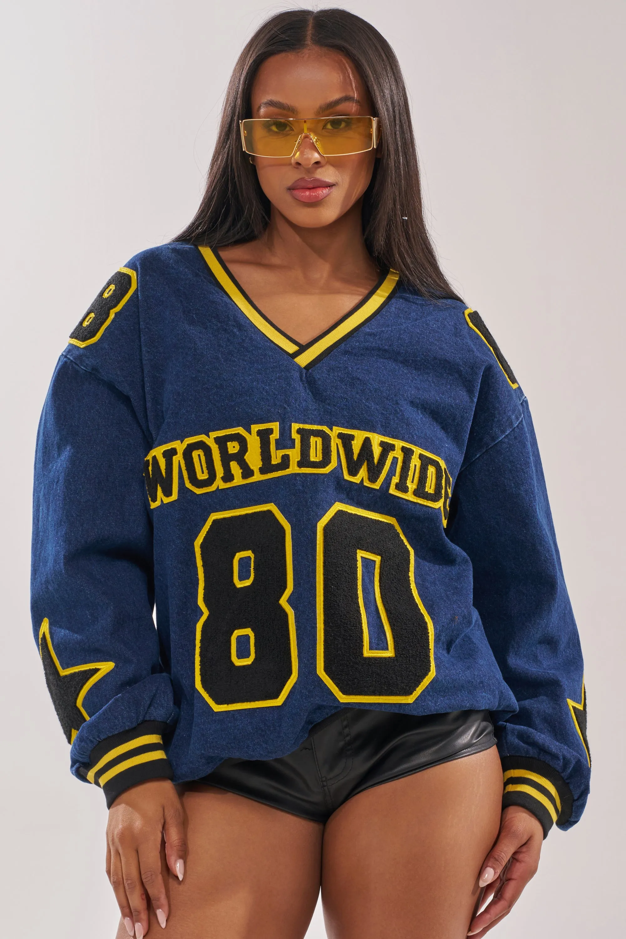 ALL AROUND THE WORLD DENIM SWEATSHIRT IN DARK BLUE sold by AKIRA product image thumbnail 3