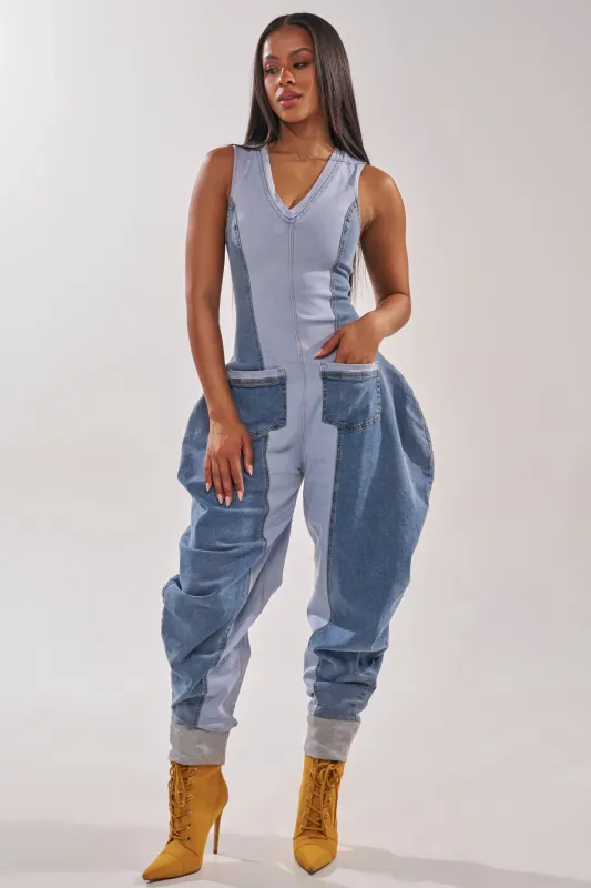 TALK OF THE STREET DENIM JUMPSUIT made by AKIRA