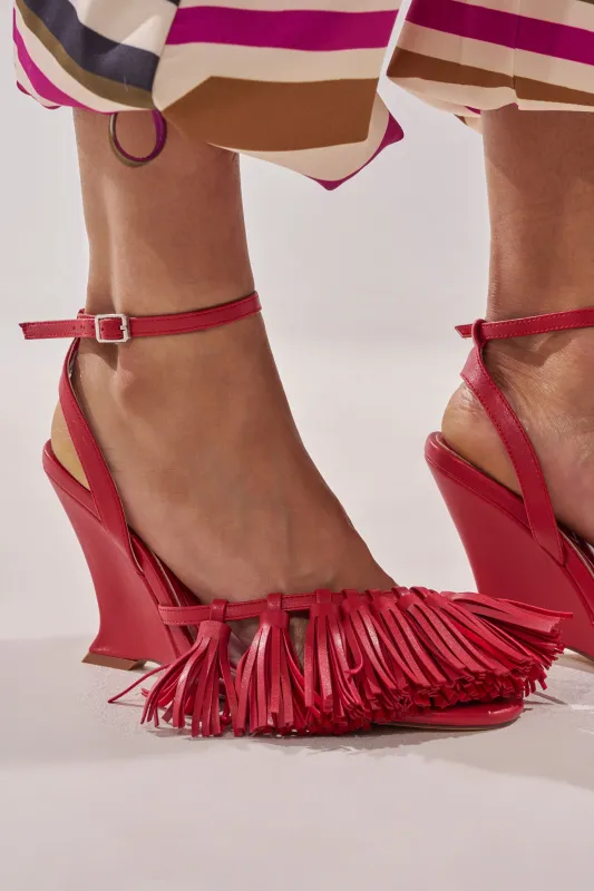 AZALEA WANG PHRIXOS RED WEDGE FRINGE PU SANDAL made by AKIRA