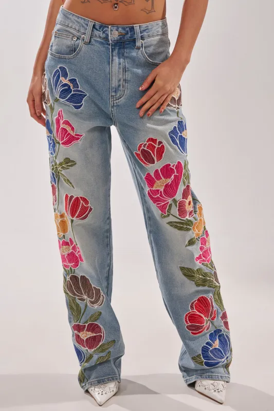 INTO THE GARDEN FLORAL EMBROIDERED DENIM JEANS sold by AKIRA