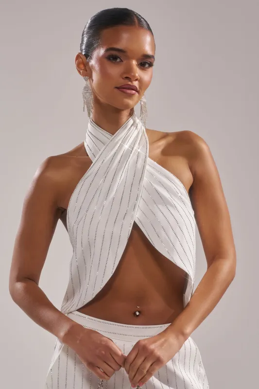 PRINCESS TREATMENT RHINESTONE HALTER TOP made by AKIRA