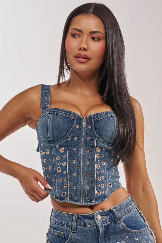 TAYLOR DENIM CORSET WITH GROMMET made by AKIRA