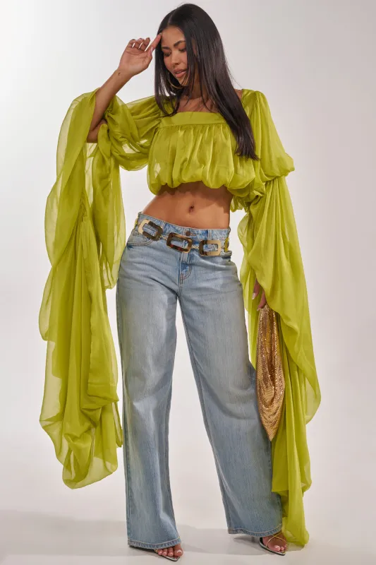 SLOUCHY SQUARE NECK LONG SLEEVE BLOUSE TOP IN CHARTREUSE made by AKIRA