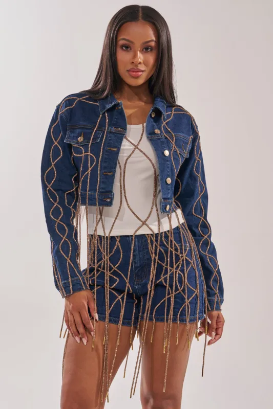 NINA EMBELLISHED DENIM JACKET made by AKIRA