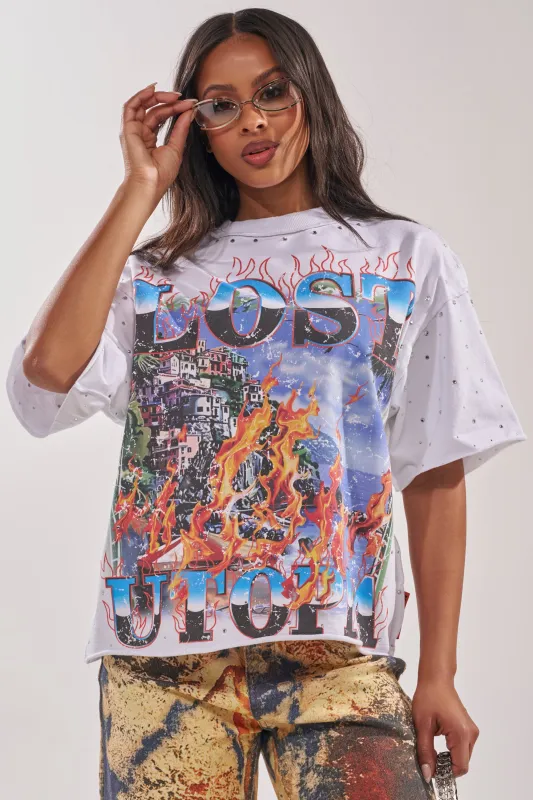 FIRST ROW FIRST ROW LOST UTOPIA RHINESTONE FRENCH TERRY TEE sold by AKIRA