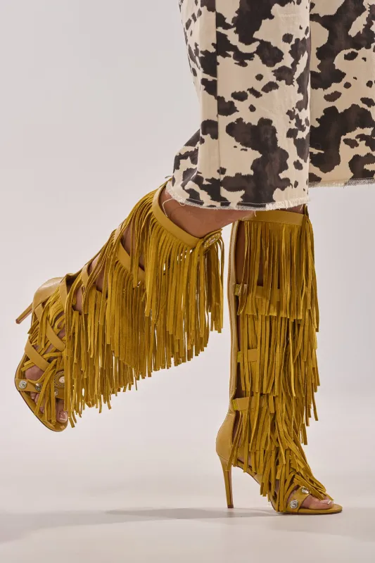 AZALEA WANG SAMEYANA MUSTARD FRINGE AND METAL STILETTO GLADIATOR SANDAL made by Azalea Wang