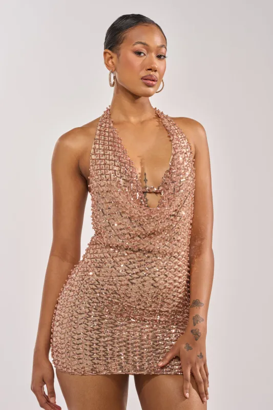 CHAMPAGNE RIOT RHINESTONE MINI DRESS made by AKIRA