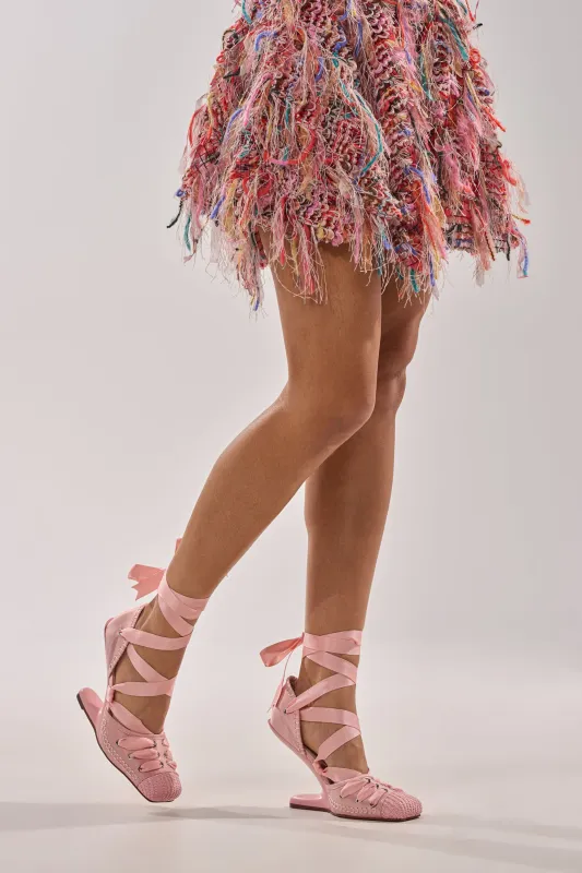 AKIRA GOLD TENDU PINK BALLET LACE UP NOVELTY HEEL PUMP made by AKIRA