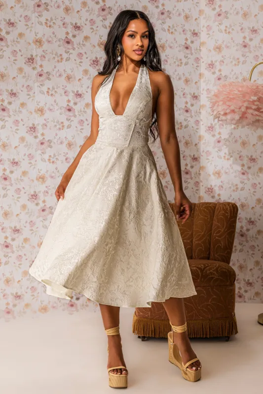 SWEET CAROLINE HALTER MIDI DRESS made by AKIRA