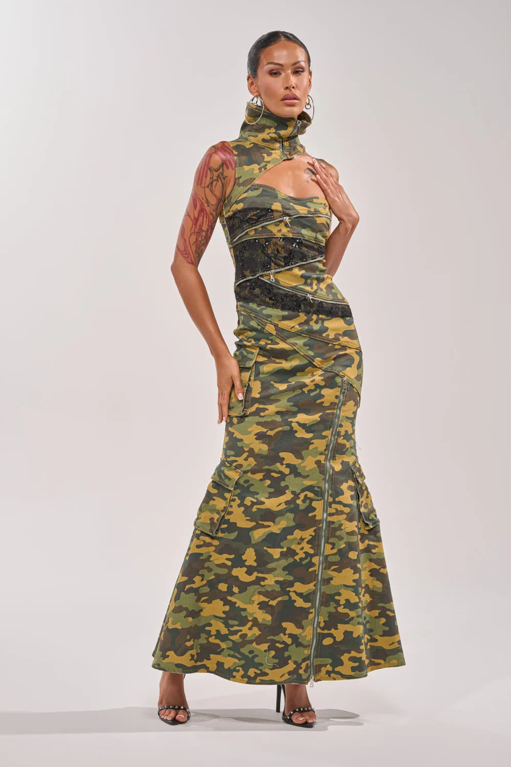 FUSED TOGETHER MOCK NECK MAXI DRESS IN CAMO sold by AKIRA product image thumbnail 4