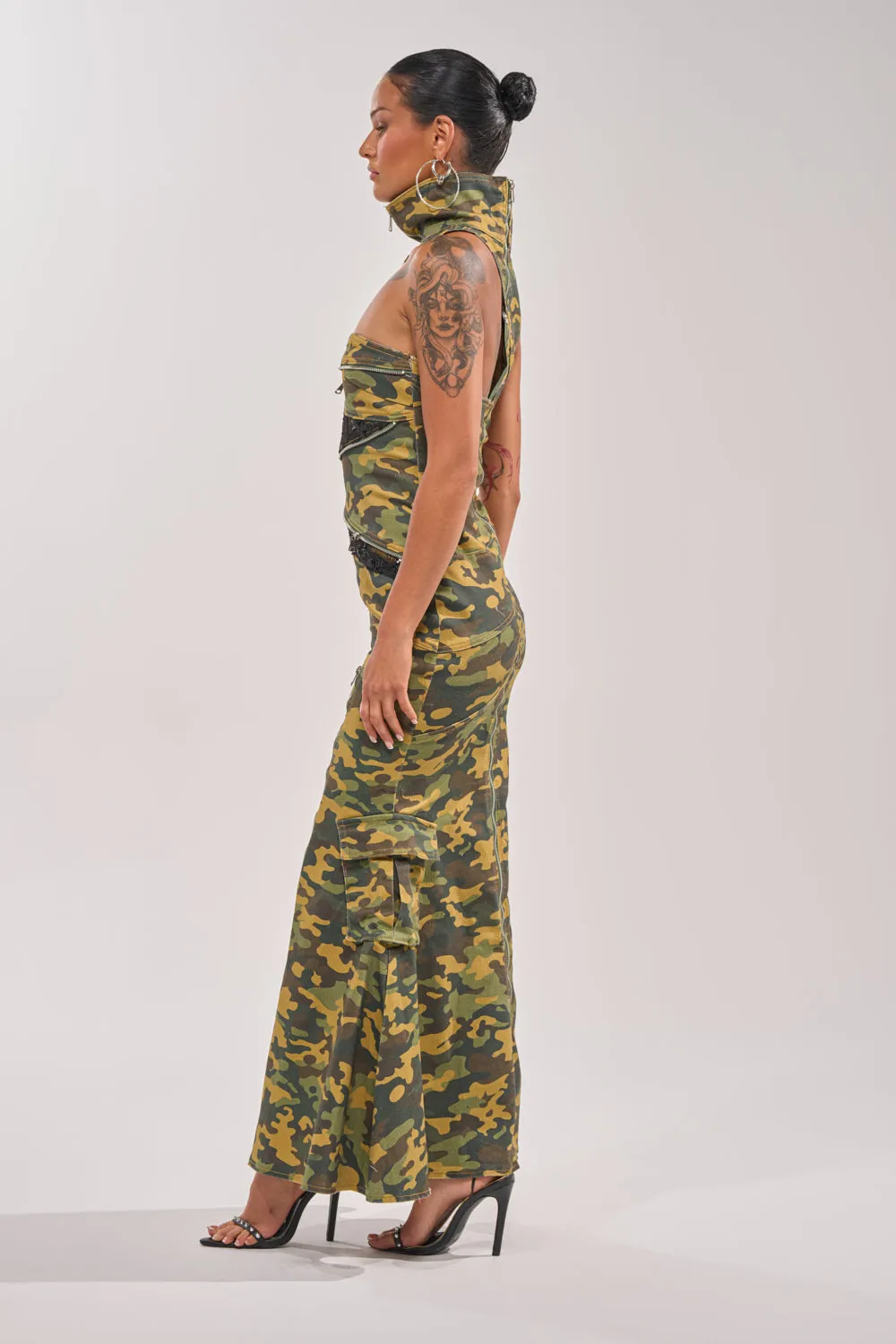 FUSED TOGETHER MOCK NECK MAXI DRESS IN CAMO sold by AKIRA product image thumbnail 5