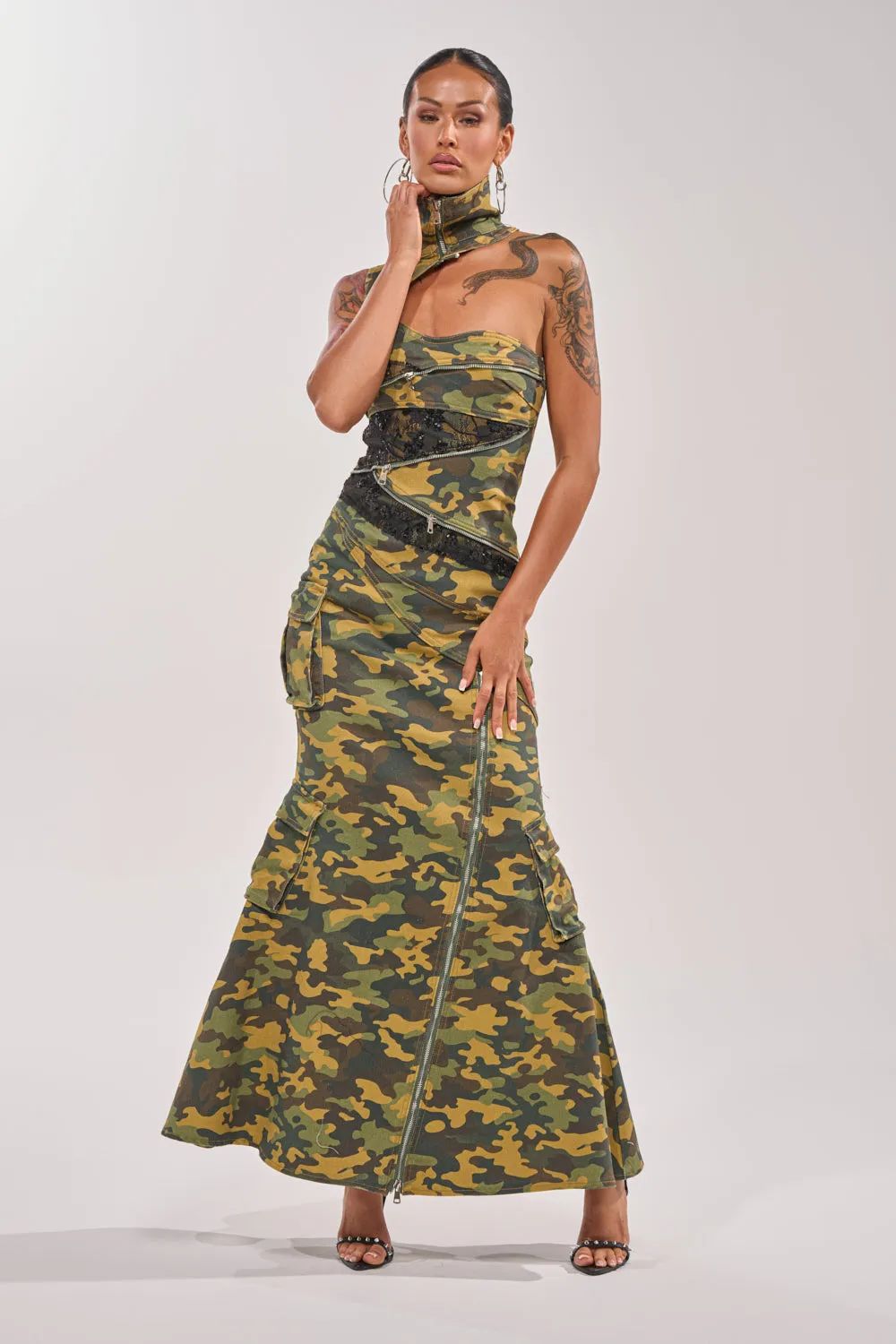 FUSED TOGETHER MOCK NECK MAXI DRESS IN CAMO sold by AKIRA product image thumbnail 2