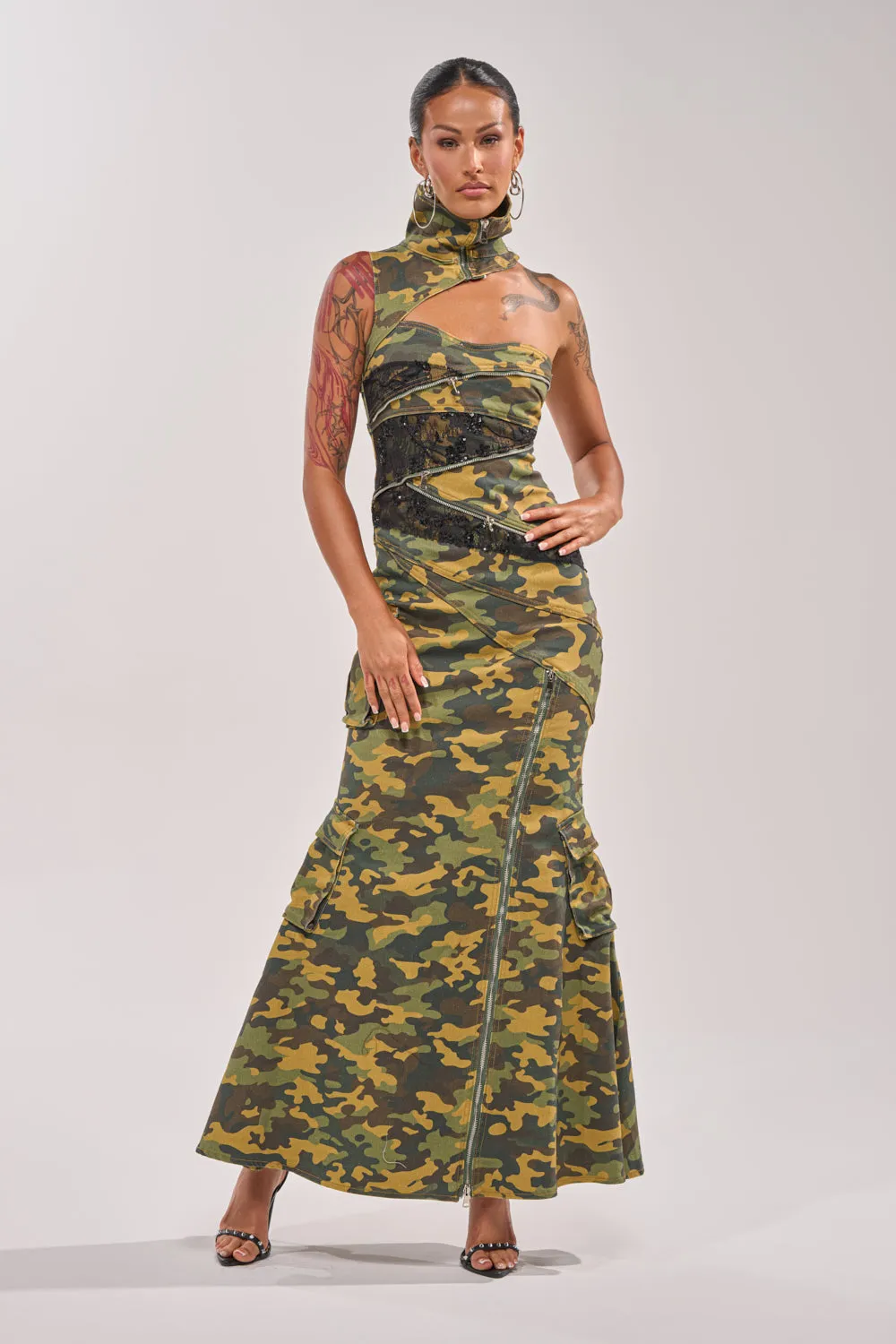 FUSED TOGETHER MOCK NECK MAXI DRESS IN CAMO sold by AKIRA product image thumbnail 3