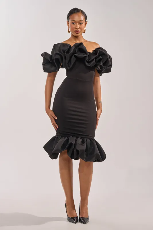 COCKTAIL HOUR PUFF SLEEVE MIDI DRESS made by AKIRA