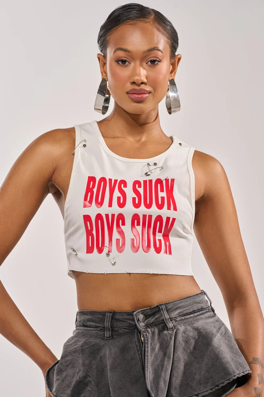 BOYS LIE DISTRESSED CROPPED TANK IN WHITE sold by AKIRA