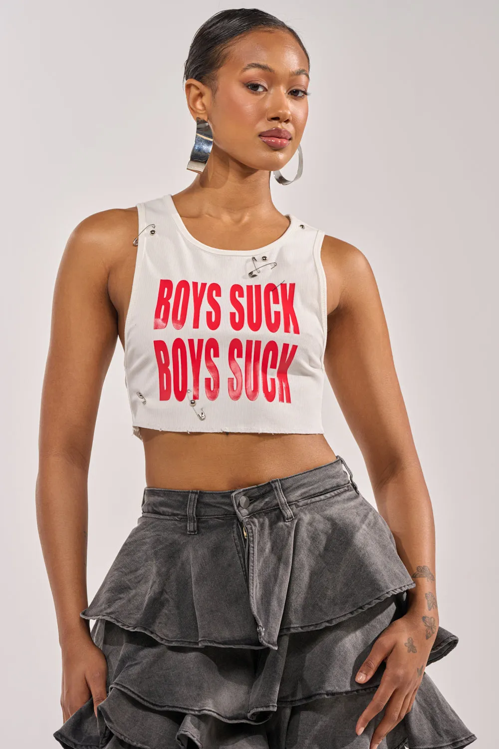 BOYS LIE DISTRESSED CROPPED TANK IN WHITE sold by AKIRA product image thumbnail 2