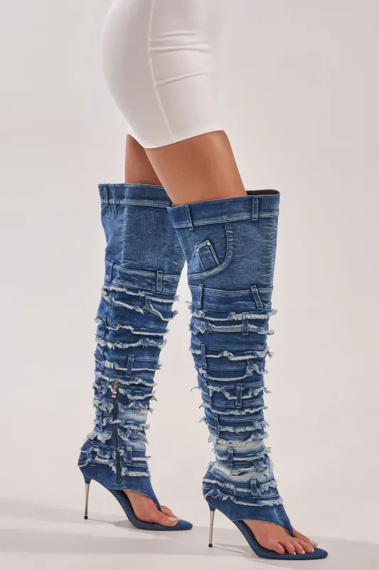 AZALEA WANG SENA DENIM STILETTO OPEN TOE BOOT made by Azalea Wang