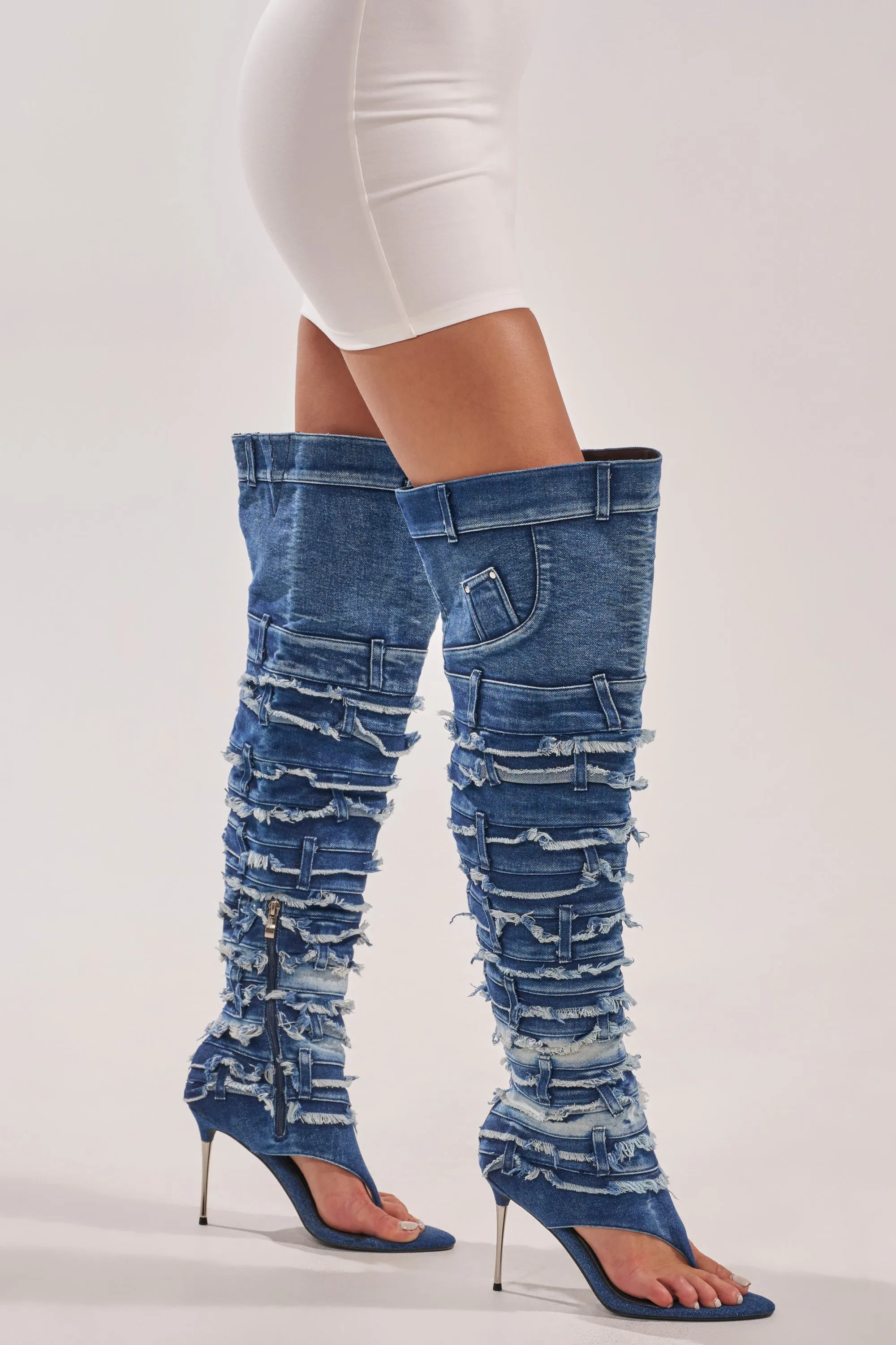 AZALEA WANG SENA DENIM STILETTO OPEN TOE BOOT sold by AKIRA