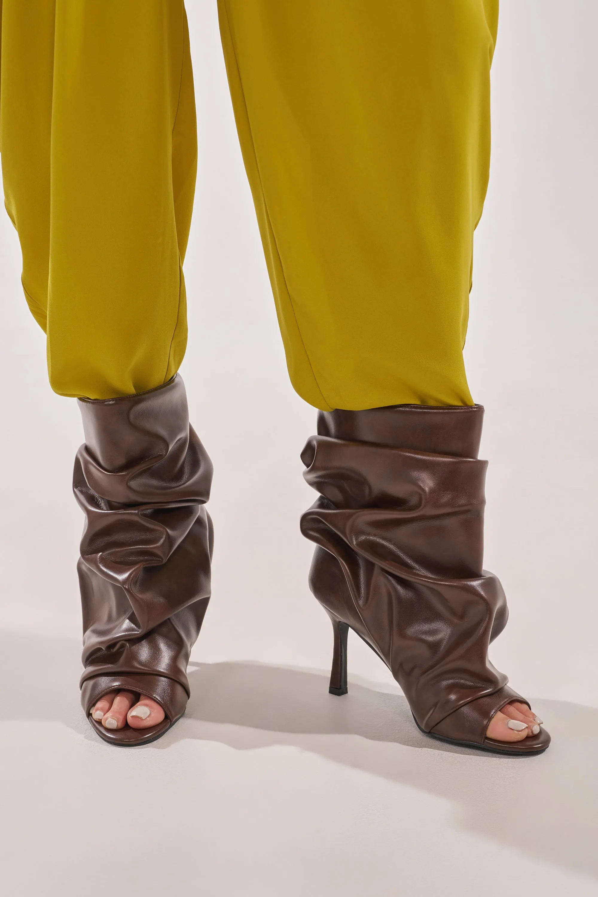 AZALEA WANG APEX BROWN SLOUCHY OPEN TOE BOOTIE sold by AKIRA