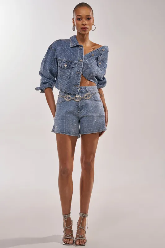 KYLIE EMBELLISHED DENIM SHORT made by AKIRA