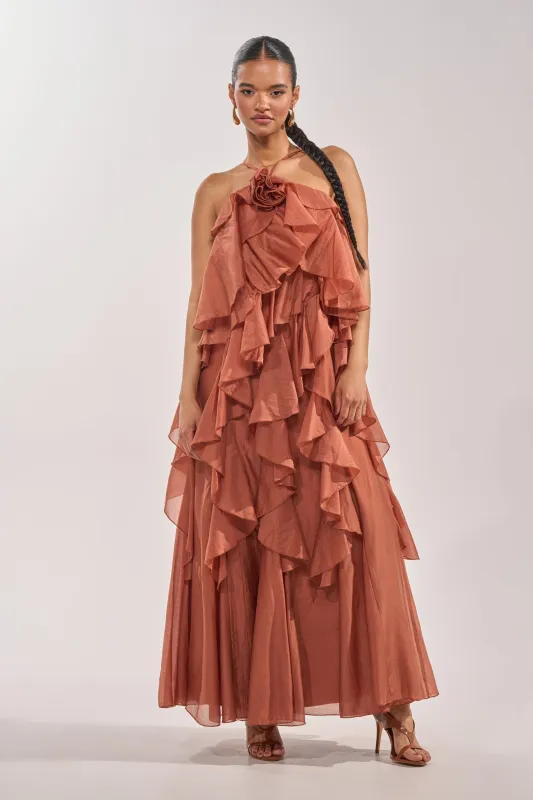 KISS ME SLOW CHIFFON MAXI DRESS IN RUST made by AKIRA