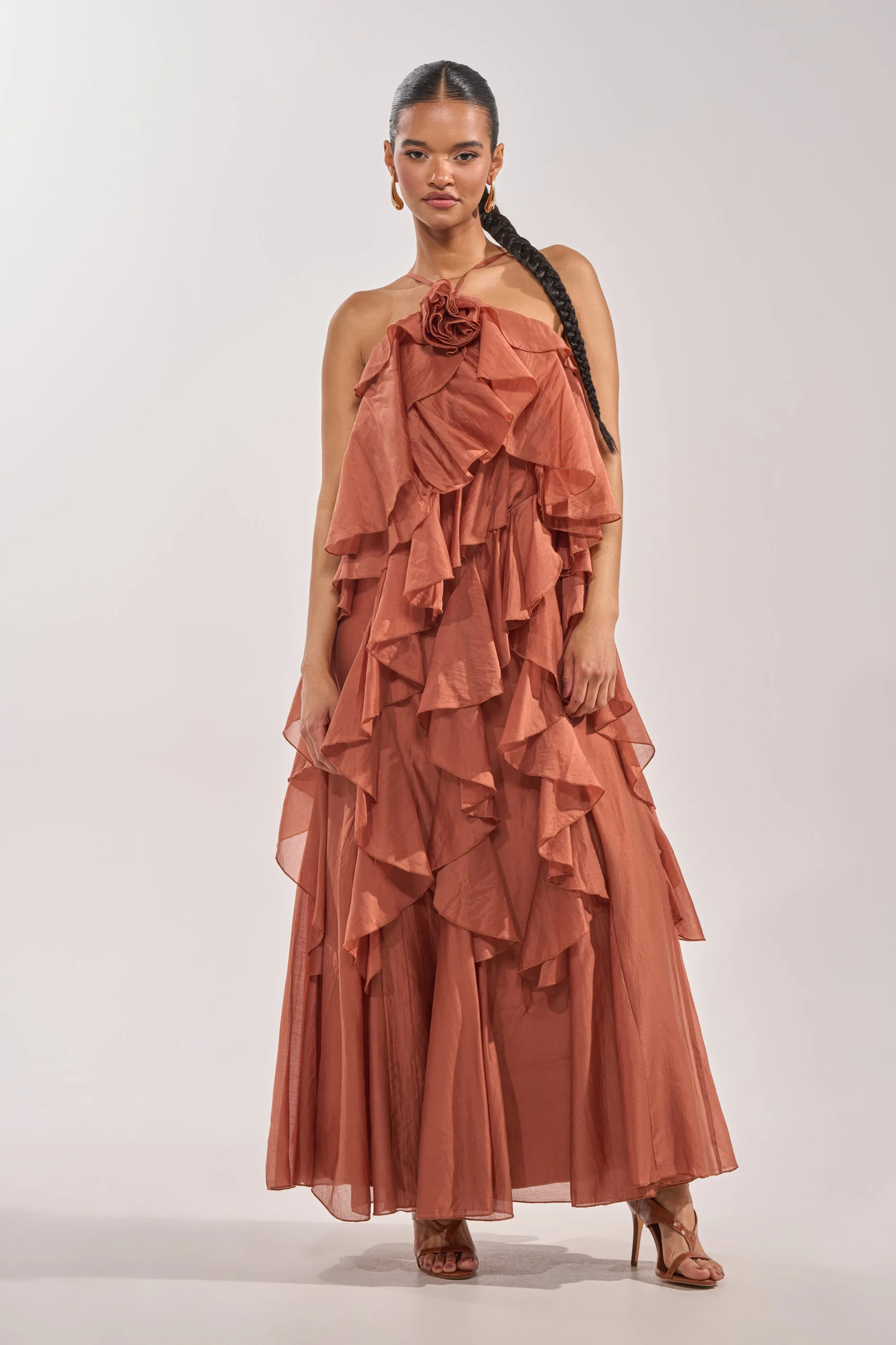 KISS ME SLOW CHIFFON MAXI DRESS IN RUST sold by AKIRA