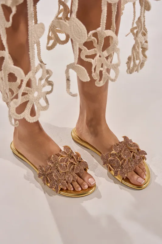 AZALEA WANG YUNA GOLD FLAT GOLD RHINESTONE EMBELLISHED SLIP ON SANDAL made by Azalea Wang